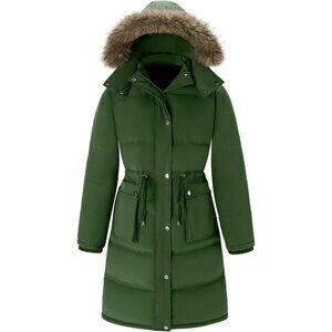 Women's Long Puffer Hood Jacket Coat Green Winter Warm Detachable Fur Trim